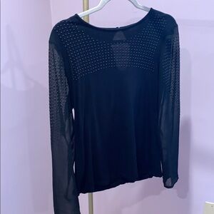 Black Round Neck Long Sleeve Blouse with Beaded Detail